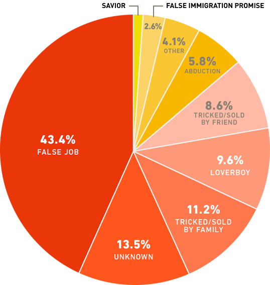 Pie chart of human trafficking statistics: methods of how they're trafficked